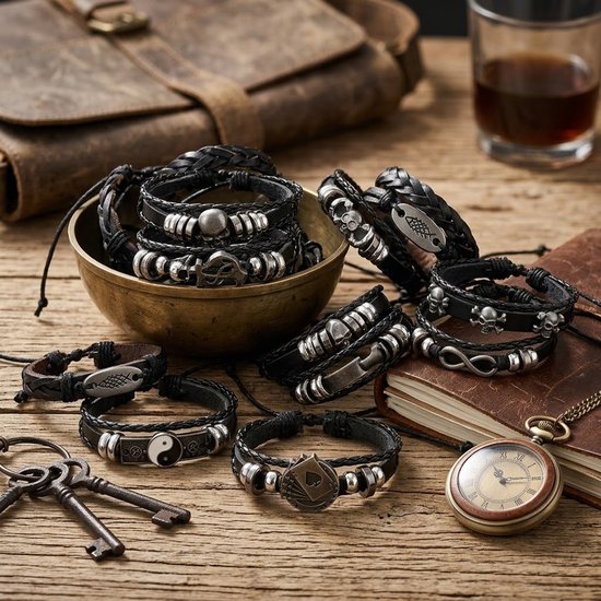 Een verzameling zwartleren armbanden met metalen accenten, waaronder schedels, een yin-yang symbool en klaveren.