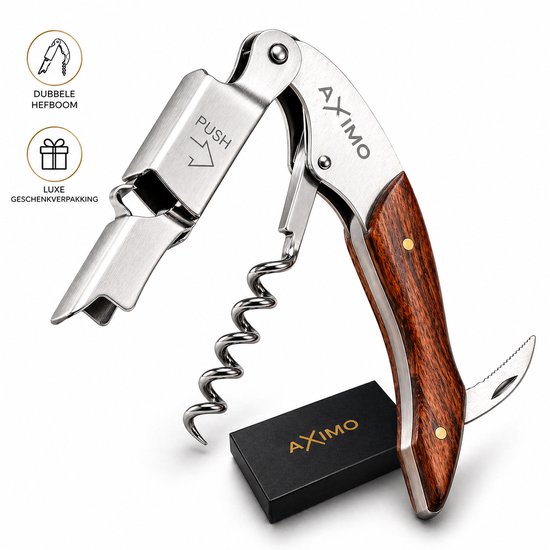 AXIMO kurkentrekker met dubbele hefboom, zilverkleurig metaal en houten handvat. Naast de opener ligt een luxe zwart geschenkdoosje met gouden AXIMO logo.