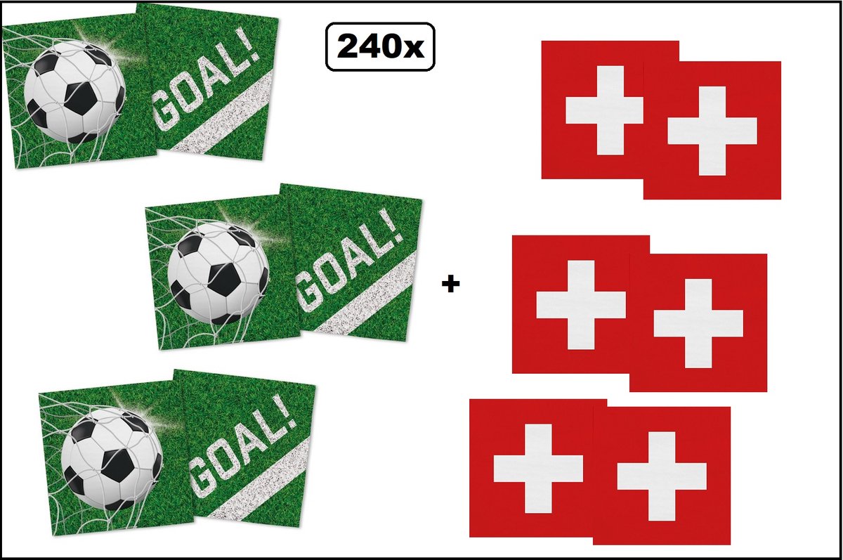 120x Servetten Voetbal 33cm x 33cm + 120x Servetten Zwitserland 33cm x 33cm - 3 laags - MIX - WK Servet diner eten knoeien restaurant BBQ thema feest verjaardag feest