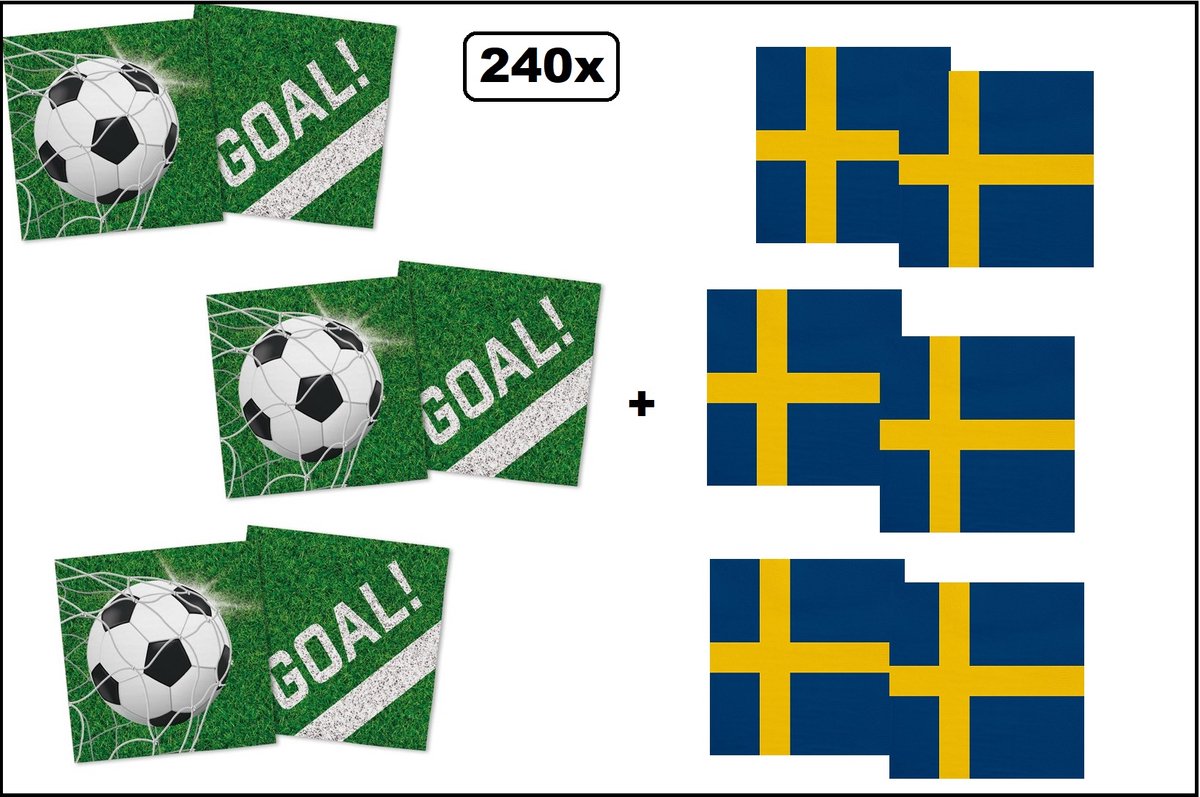120x Servetten Voetbal 33cm x 33cm + 120x Servetten Zweden 33cm x 33cm - 3 laags - MIX - WK Servet diner eten knoeien restaurant BBQ thema feest verjaardag feest