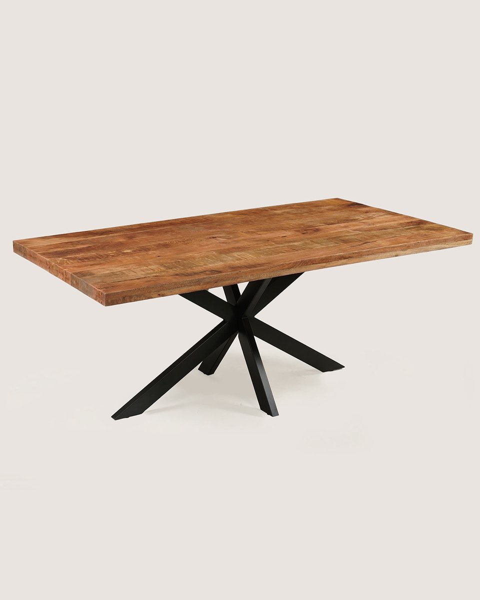 Rechthoekige Eettafel 180 cm Mangohout – Rustiek – Zwart Metalen Matrix Onderstel – Industrieel – 6-8 Personen