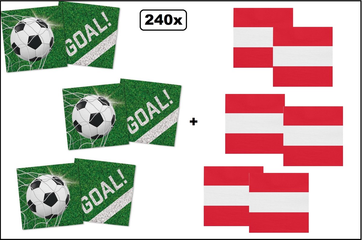 120x Servetten Voetbal 33cm x 33cm + 120x Servetten Oostenrijk 33cm x 33cm - 3 laags - MIX - WK Servet diner eten knoeien restaurant BBQ thema feest verjaardag feest