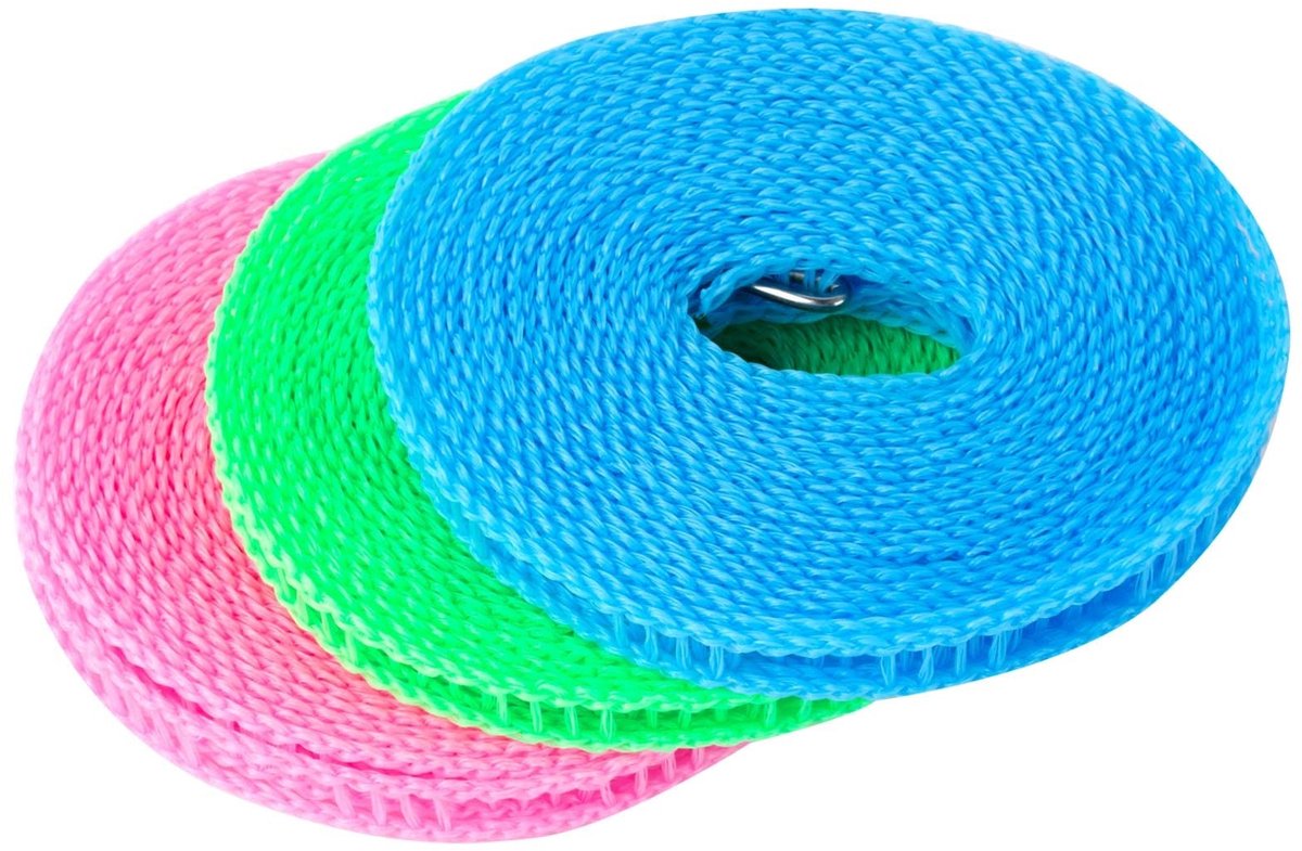 Allecto - Kleding drogen touw - Winddicht - Draagbare waslijn - 3 rollen 5 meter - Antislip - Geschikt voor binnen en buiten - Blauw, Roze, Groen
