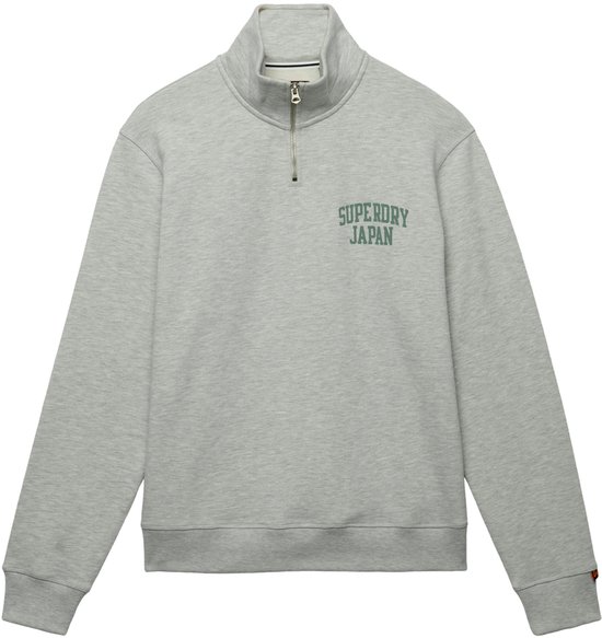Lichtgrijze Superdry trui met halve rits en groene 'SUPERDRY JAPAN' opdruk.