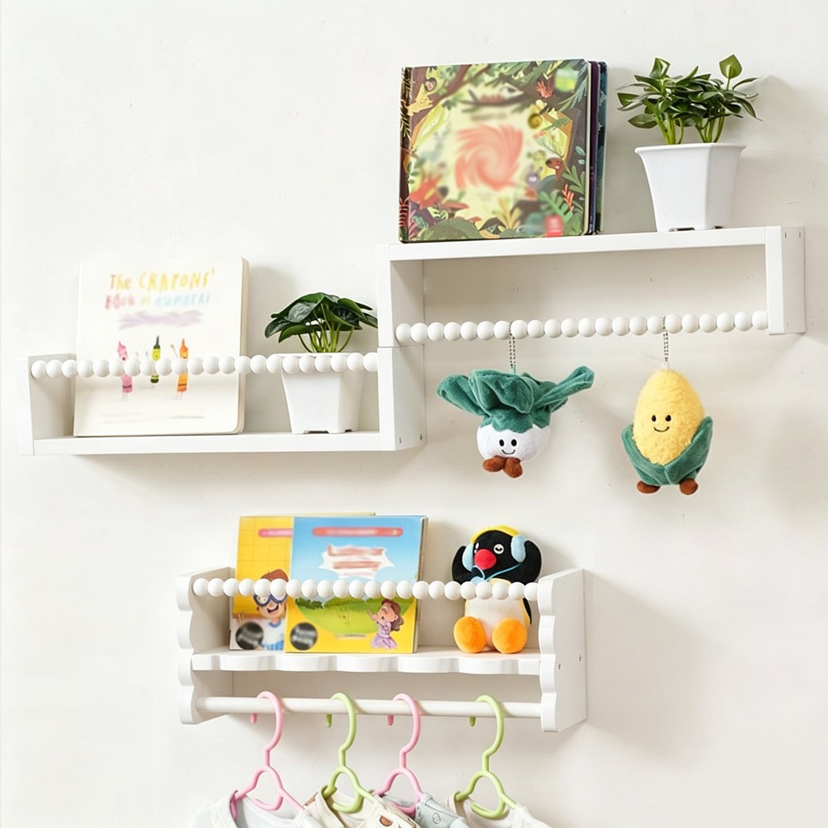 Zwevende planken voor babykamer 3 stuks - Houten golvende rand wandplanken - Montessori boekenplank opslag - Ruimtebesparende decoratieve organizer voor speelgoed, foto's en decoratie - Wit