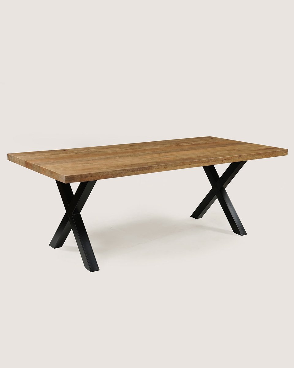 Rechthoekige Eettafel 240 cm Mangohout – Zwart Metalen X-Poot – Industrieel – 10 Personen