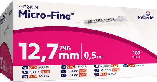 Doos met 100 BD Micro-Fine spuiten van 0,5ml voor U-100 insuline. De naalden zijn 29G (0,33mm) en 12,7mm lang.