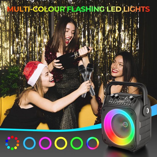 Karaoke Machine met 2 microfoons, draagbare karaokemachine voor volwassenen en kinderen, Bluetooth-luidspreker met PA-systeem, ondersteunt TWS/FM/AUX/USB/TF/REC voor feestjes, verjaardagen en thuisgebruik (zwart) — afbeelding 5