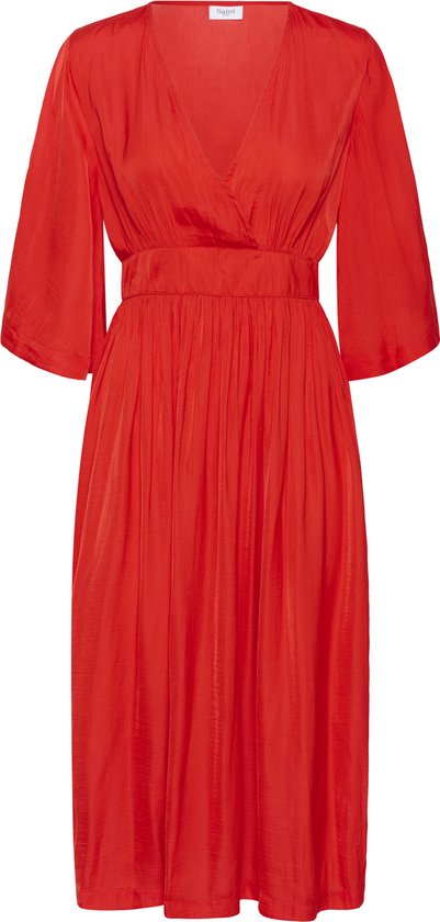 Robe portefeuille rouge Saint Tropez à manches trois-quarts, col en V et jupe plissée. Ceinture.