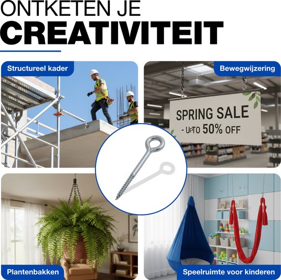 Collage toont toepassingen: steigerbouw, winkelinrichting, plantenbak ophangen, speelruimte.
