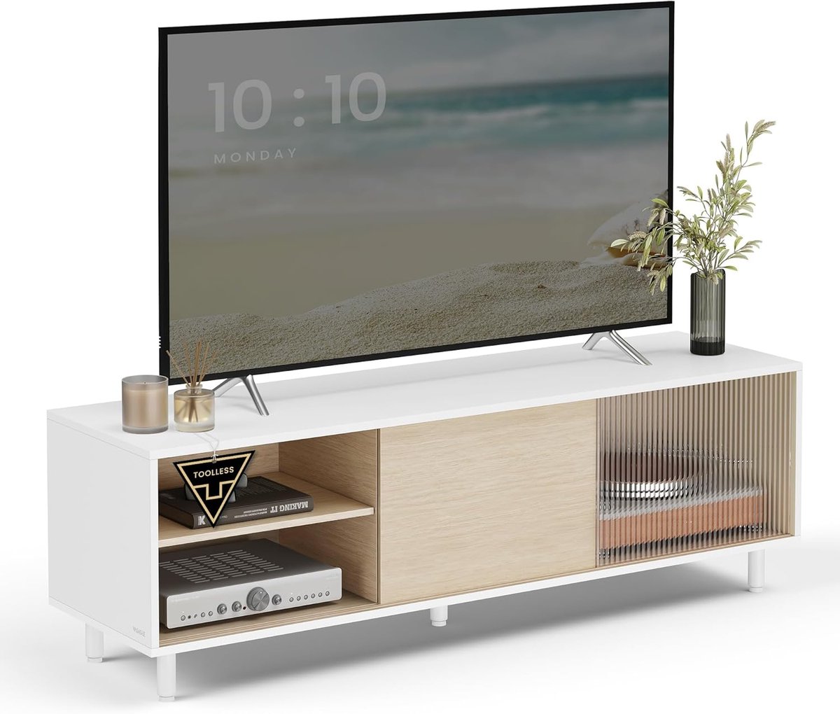 VASAGLE TV-kast Lowboard, supersnelle gereedschapsvrije montage, gereedschapsloze technologie, tv-standaard voor tv's tot 32/45/50/55/60 inch, modern ontwerp, 140 x 39 x 45 cm, wit LTV466W01