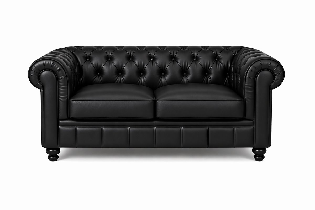 Chesterfield Bank - 2 Zits - Zwart - Leer - Sofa - Chesterfield Bankstel