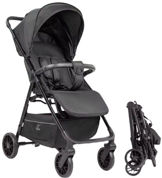 Zwarte kinderwagen in geopende en gesloten positie