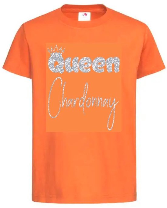 T-shirt Unisex Volwassenen "Queen Chardonnay" Op Voorkant EK WK Voetbal Europees Wereld Wereld Kampioen Kampioenschap Oranje Koning Koningsdag | korte mouw | Oranje/Zilver GLITTER | maat 3XL