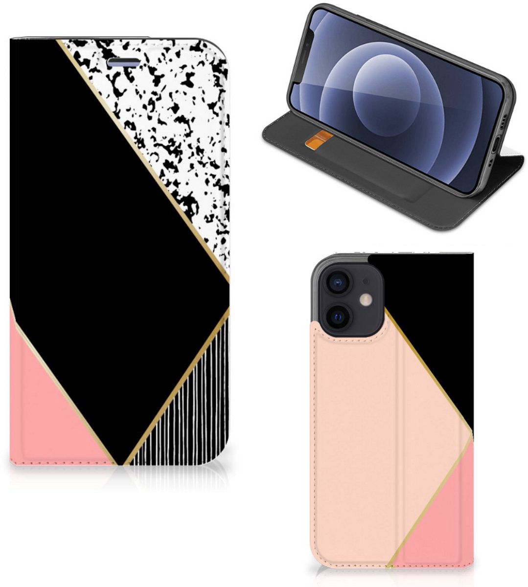 iPhone 12 Mini Stand Case Zwart Roze Vormen