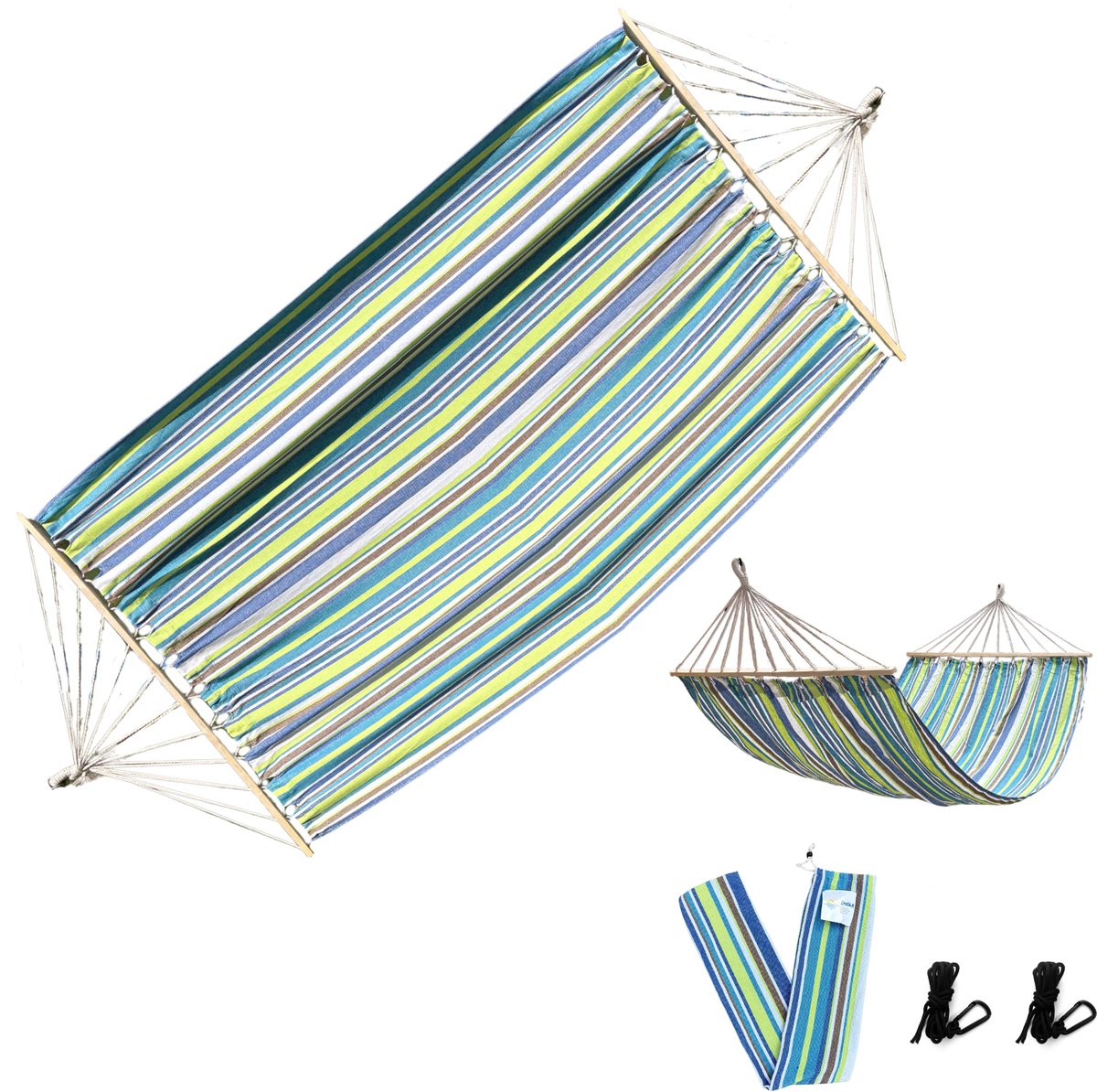 Rijoka Hangmat Large met Spreidstok – 200x140cm – Groen/Blauw/Bruin Gestreept – 1 Persoons – Incl. 2 Haken, Touw én Opbergzak – Jungle