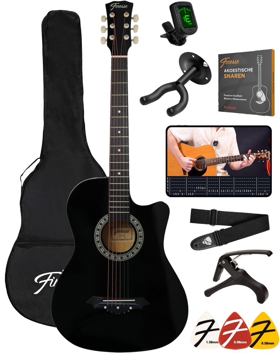 Finesse Akoestische Gitaar - met Videocursus - Western Gitaar - Gitaar Kind & Volwassenen - Zwart