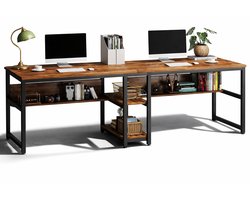 Van Elmont Bureau - Dubbel Lang Bureau voor twee personen met opbergruimte - Computerbureau - Computertafel - Metaal / Hout - Industrieel Design - Bureautafel voor Thuiskantoor - Bruin - 60 x 200 x 75 cm - voor Gamen - Studeren en Werken