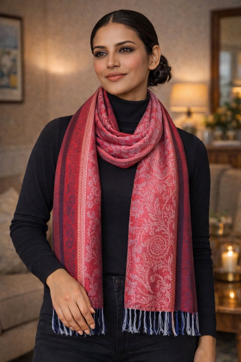 Pashmina Sjaal – Stijlvolle Sjaal Dames Zachte – Dames Sjaal met Paisley Motief – Twee‑Kleurige Elegante Herfst Winter Sjaal- Fashion Sjawl – Fijn geweven Pareo Omslagdoek 207/3- Rood met blauw crème details