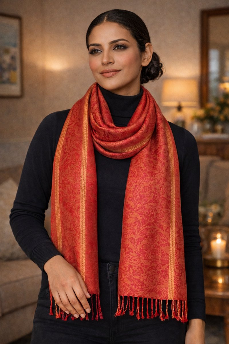 Pashmina Sjaal – Stijlvolle Sjaal Dames Zachte – Dames Sjaal met Paisley Motief – Twee‑Kleurige Elegante Herfst Winter Sjaal- Fashion Sjawl – Fijn geweven Pareo Omslagdoek 207/6- Rood met wijnrood details