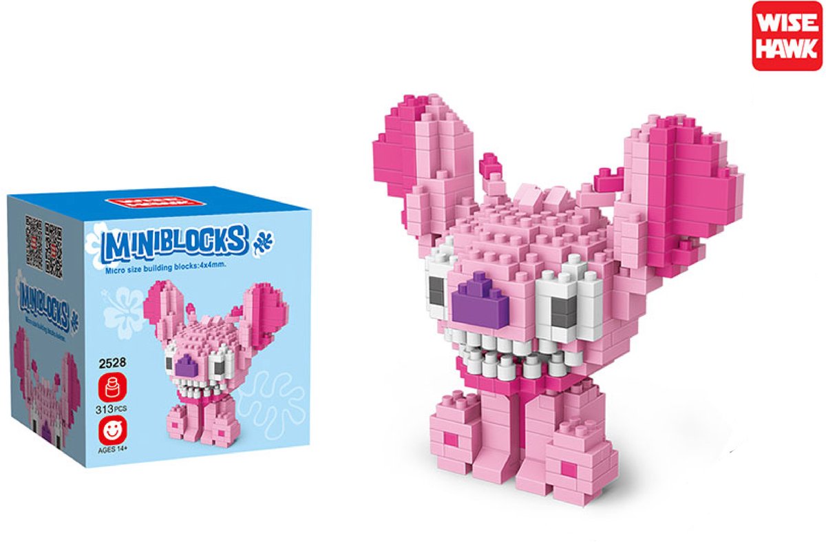 Mini Bouwstenen Roze Monster Figuur – 313 Stukjes – Micro Bouwset met Grote Oren – Vanaf 14 Jaar