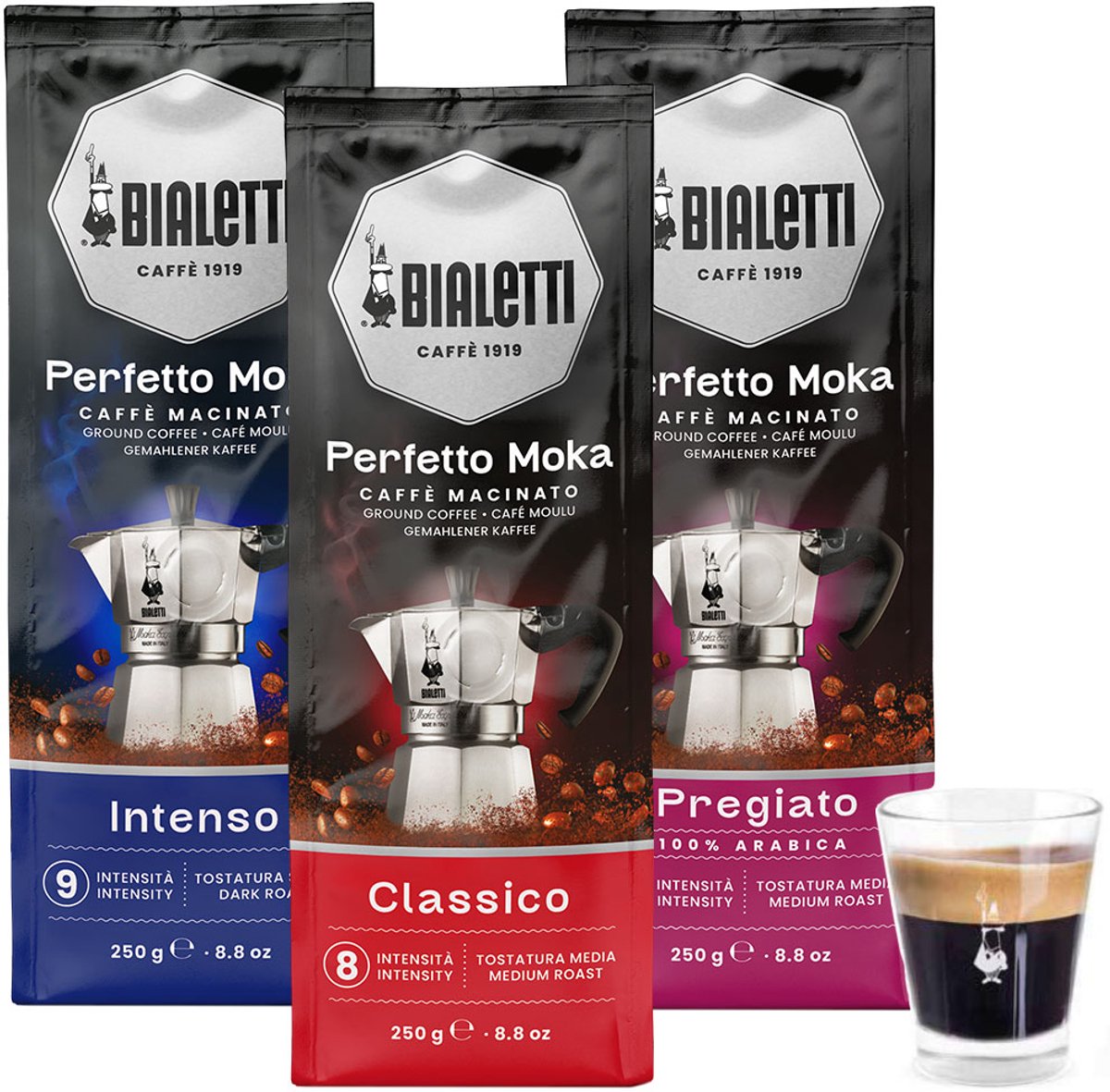 Bialetti Perfetto Moka - koffie proefpakket - Classico, Intenso, Pregiato + Espresso Glas - 3 x 250 gram