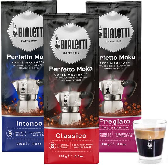 Bialetti Perfetto Moka Koffie proefpakket 3 x 250 gram - Classico, Delicato en Intenso