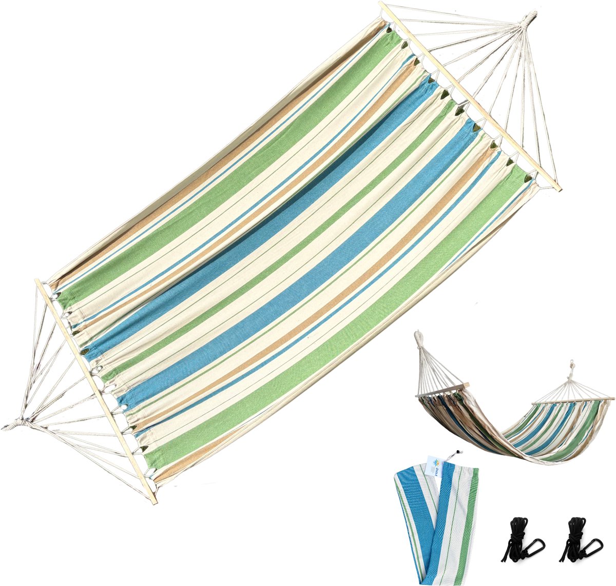 Rijoka Hangmat Large met Spreidstok – 200x140cm – Licht Groen/Blauw Gestreept – 1 Persoons – Incl. 2 Haken, Touw én Opbergzak – Ocean