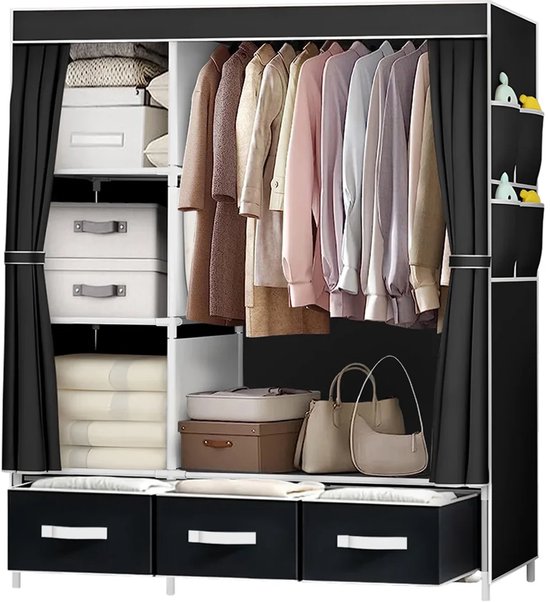 Draagbare kledingkast, draagbare kledingkast met 3 lades, 4 opbergplanken en een zijvak voor het opbergen van kleding.