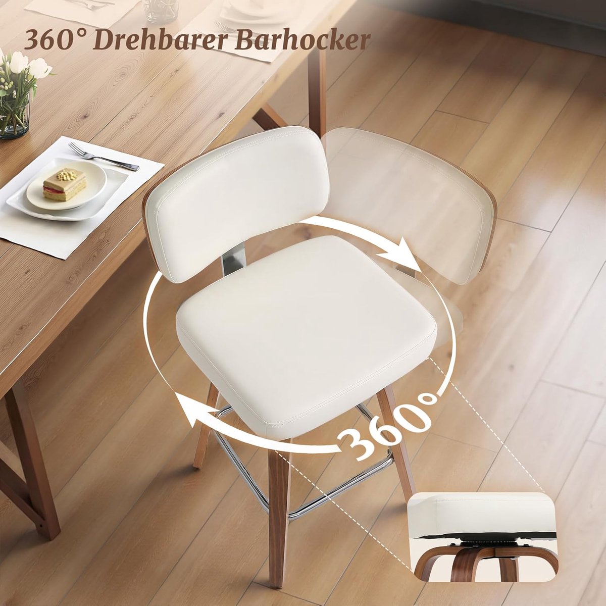Barkruk Set van 2 45 x 45 x 93 cm – 67 cm Zithoogte 360° Draaibare Houten Barstoelen met Rugleuning en Kunstleren Zitting – Moderne Keukenkrukken Wit – Urbanhome