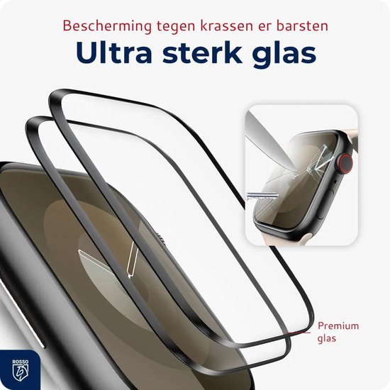 Twee glazen screenprotectors die worden geplaatst op een Apple Watch, met de tekst 'Ultra sterk glas'.