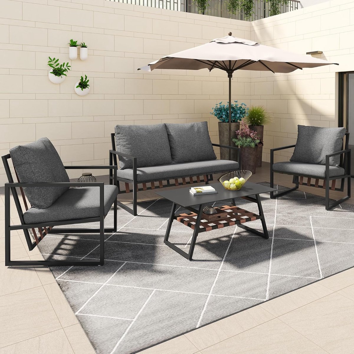 Moderne 4-Persoons Tuin Loungeset met Bank, Salontafel en Kussens – Inclusief Geharde Glazen Tafelblad, Galvanisch Stalen Frame, Afneembare Wasbare Hoezen – 114 x 68 x 80 cm – Zwart