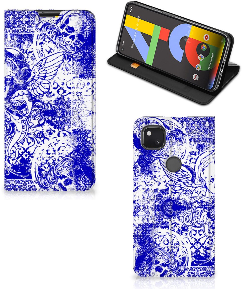 Mobiel BookCase Google Pixel 4a Angel Skull Blauw