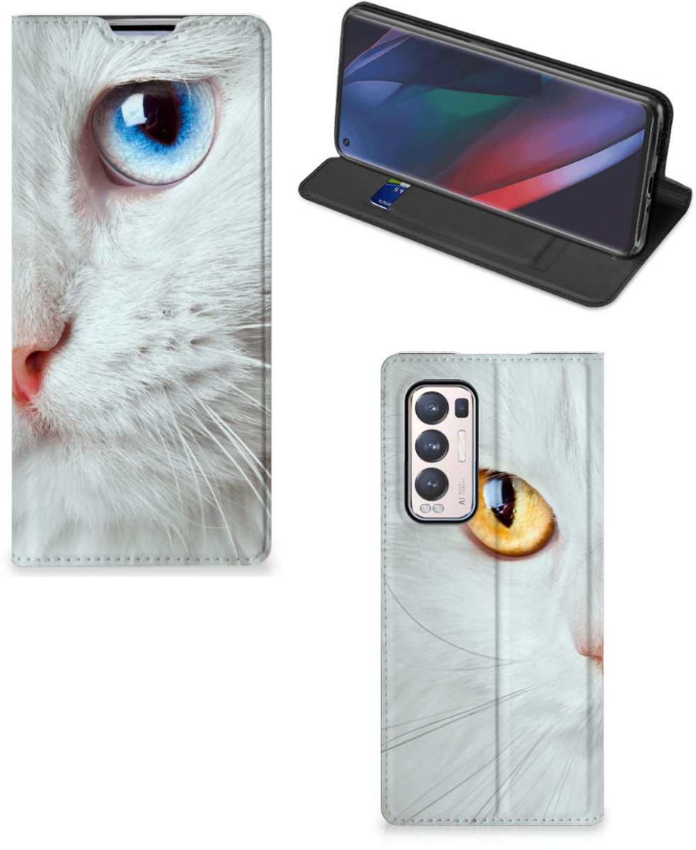 Book Case voor OPPO Find X3 Neo Hoesje maken Witte Kat