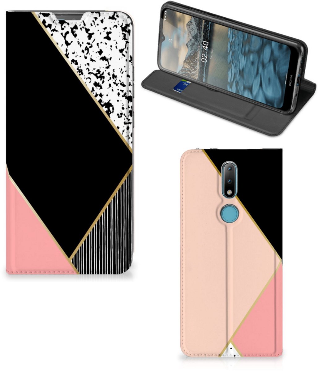 Nokia 2.4 Stand Case Zwart Roze Vormen