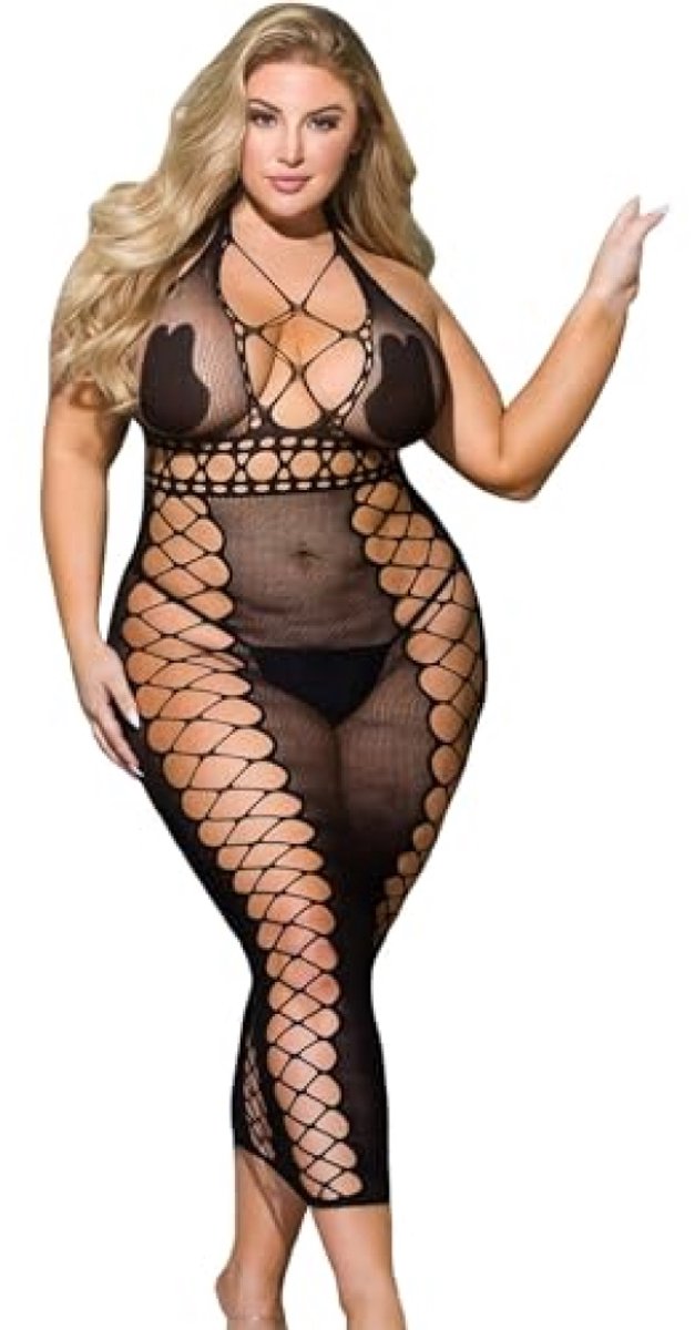merkloos Dames Bodystocking Met Bloemenpatroon - Zwart - Elastisch Visnet - Maten L tot XXL
