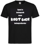 T-shirt Unisex Volwassenen Lol - carnaval - kermis - feestje - grappig - humor - Tekst "Sgool is belangreik maar KAUT BIER is belangreikerder" | korte mouw | Zwart/wit | maat M