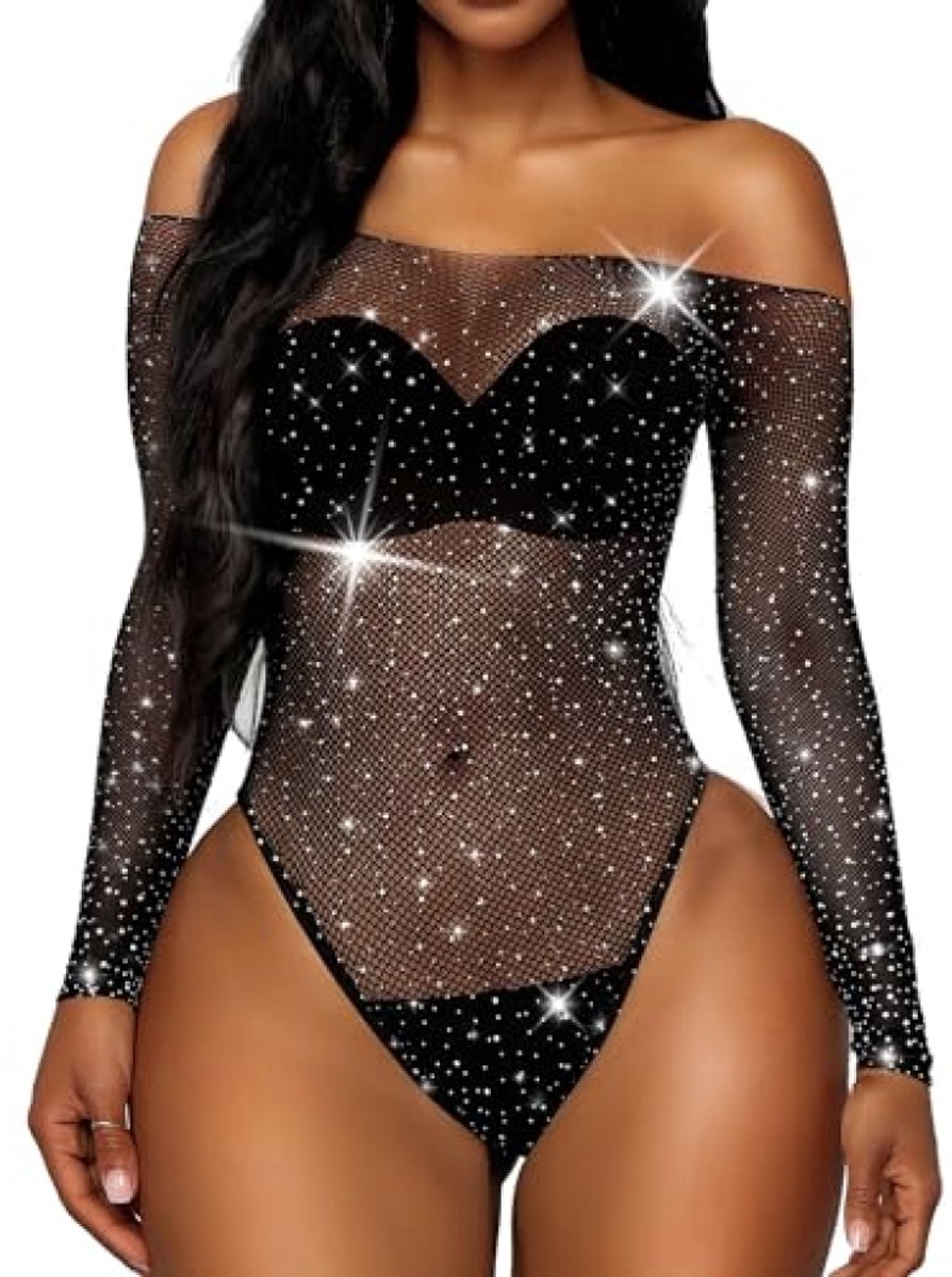 merkloos Vrouwen Visnet Bodysuit - Glinsterende Strass Details - Zwart - One Size