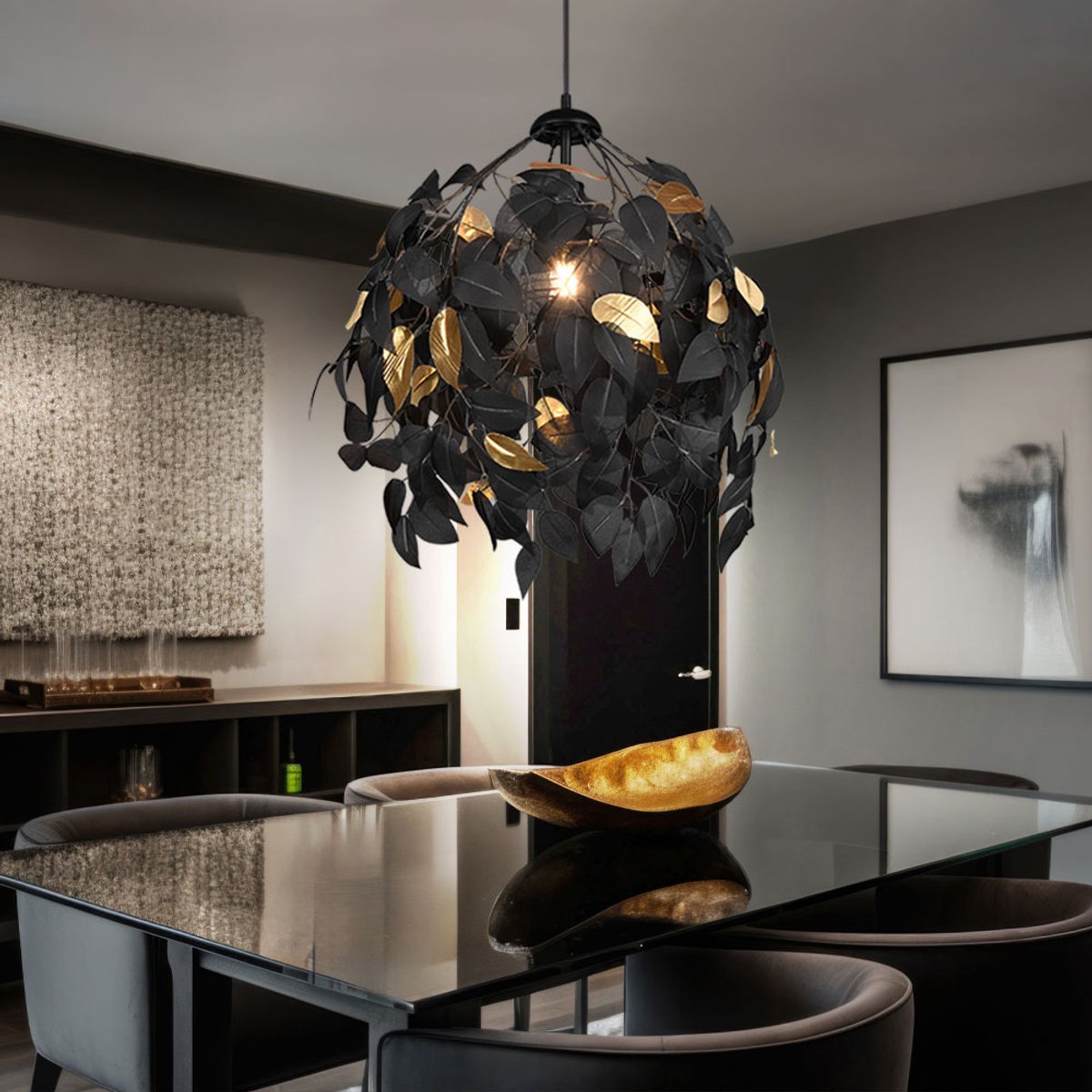 Hanglamp woonkamer hanglamp eetkamer hanglamp plafondlamp, metaal kunststof zwart blad design, 1x E27, H 150 cm