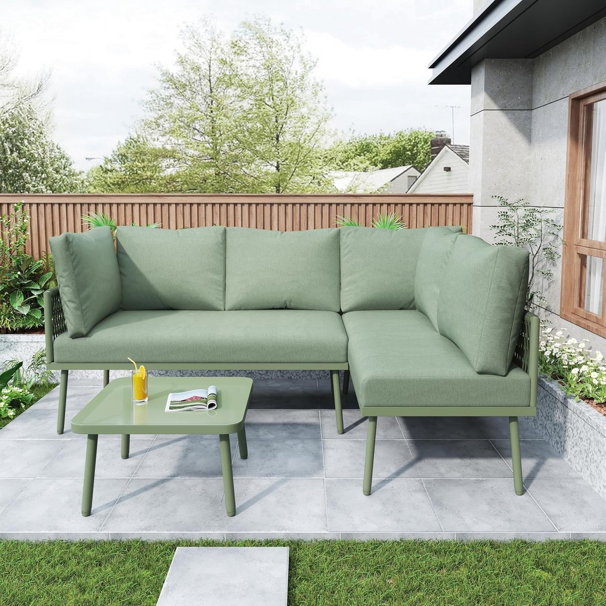 Luxe Groene Rope Tuin Loungeset L-Vorm 3-Delig met Tafel en Kussens 120x60x72 cm + 60x60x36 cm