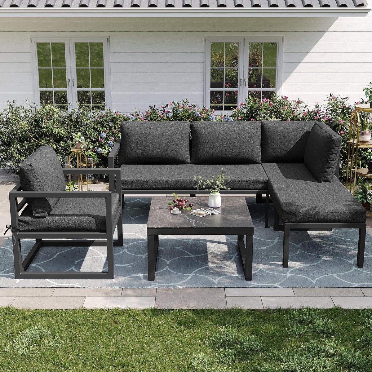 Modulaire Rope Hoek Loungeset 4-delig met Tafel en Kussens – Grijs – 122x60x78 cm