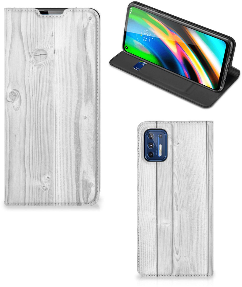 Motorola Moto G9 Plus Book Wallet Case White Wood