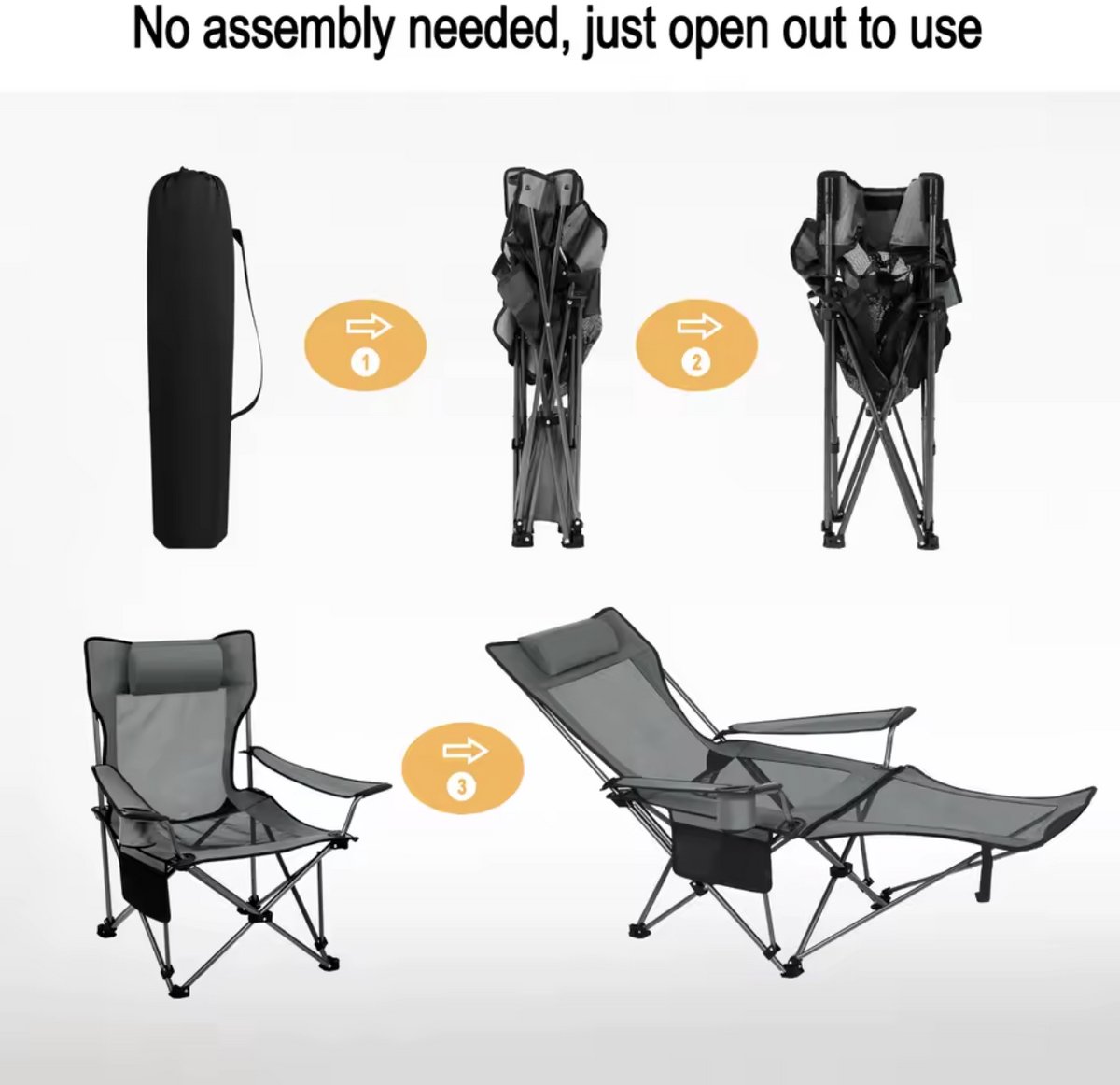 Ligstoel - Ligbed - Camping Stoel - Luxe Ligstoel - Loungestoel - Stoel voor Buiten - Klapstoel Camping - Opvouwbaar - Met Afneembare Voetsteun - Incl Bekerhouder - Incl Draagtas - Verstelbare Rugleuning - Grijs — cadeau in Sport & Outdoor - foto 6