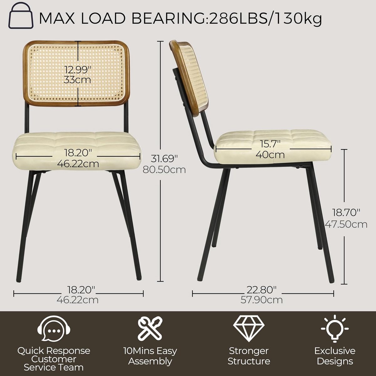 Eetkamerstoelen set van 2 – 57,9 x 46,2 x 80,5 cm – Moderne Mid-Century Rotan Stoelen met Kunstleren Zitting en Zwart Metalen Frame – Beige – Laura