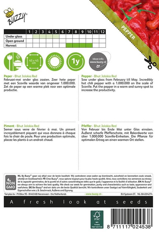 Verpakking met informatie en illustraties van rode pepers en planten, en kweekinstructies.