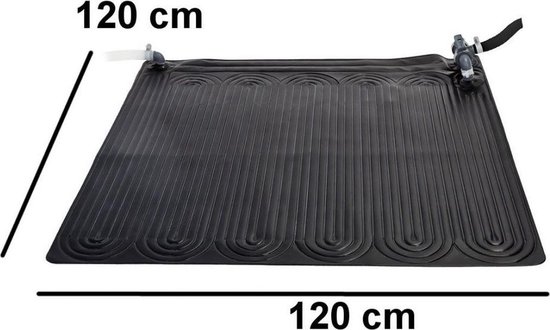 Zwarte Intex solar mat 120 x 120 cm met verticale ribbels en aansluitingen.