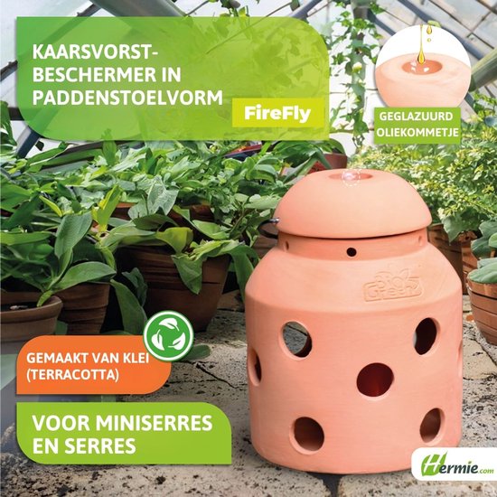 Terracotta kaarsbeschermer in paddenstoelvorm met geglazuurd, oliekommetje. Gemaakt van klei voor miniserres en serres.