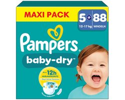 Pampers Baby-Dry luiers - Maat 5+ (12-17kg) - 88 luiers - Unieke extra laag - Absorberende kern - Dubbele beschermrandjes (Tot maat 5+)