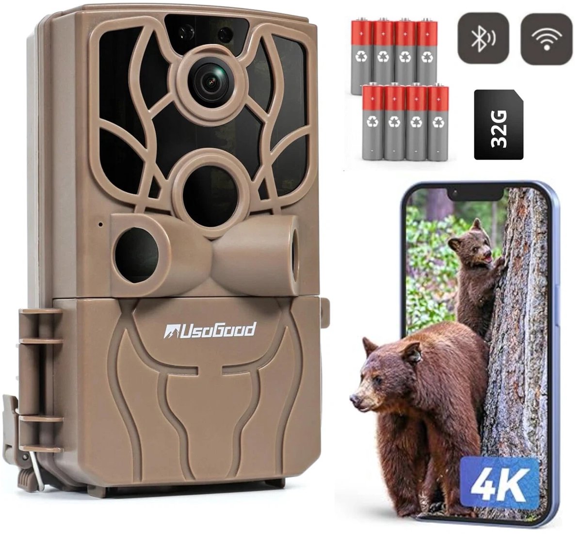 Usogood Professionele Wildcamera met Nachtzicht en WiFi - 4K Ultra HD & 48MP - Wildcamera voor buiten - WiFi APP - Incl. 32GB SD - 8 batterijen - 2026 model
