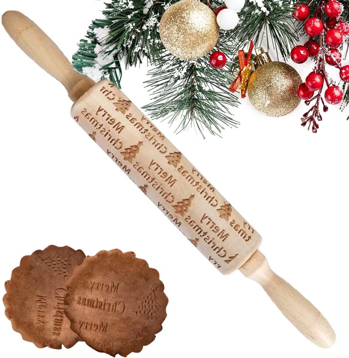 Houten deegroller met kerstmotief - Perfect voor bakken, versieren en feestelijke taarten